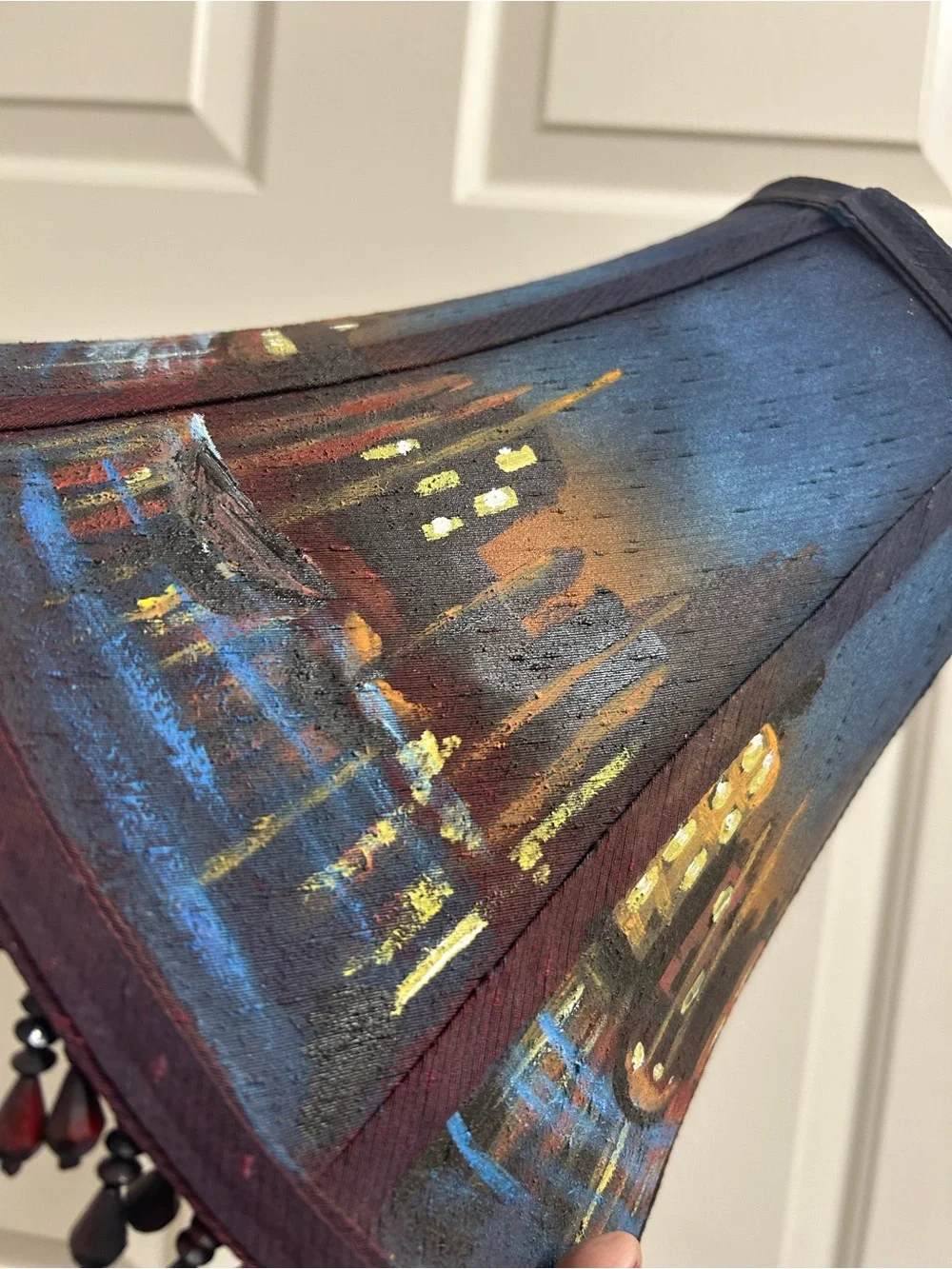 Unique Hand-Painted Blue and Purple Cityscape Fabric Lamp Shade decor